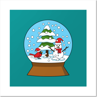 Snow Globe with Cardinal Snowman and Pine Tree Posters and Art